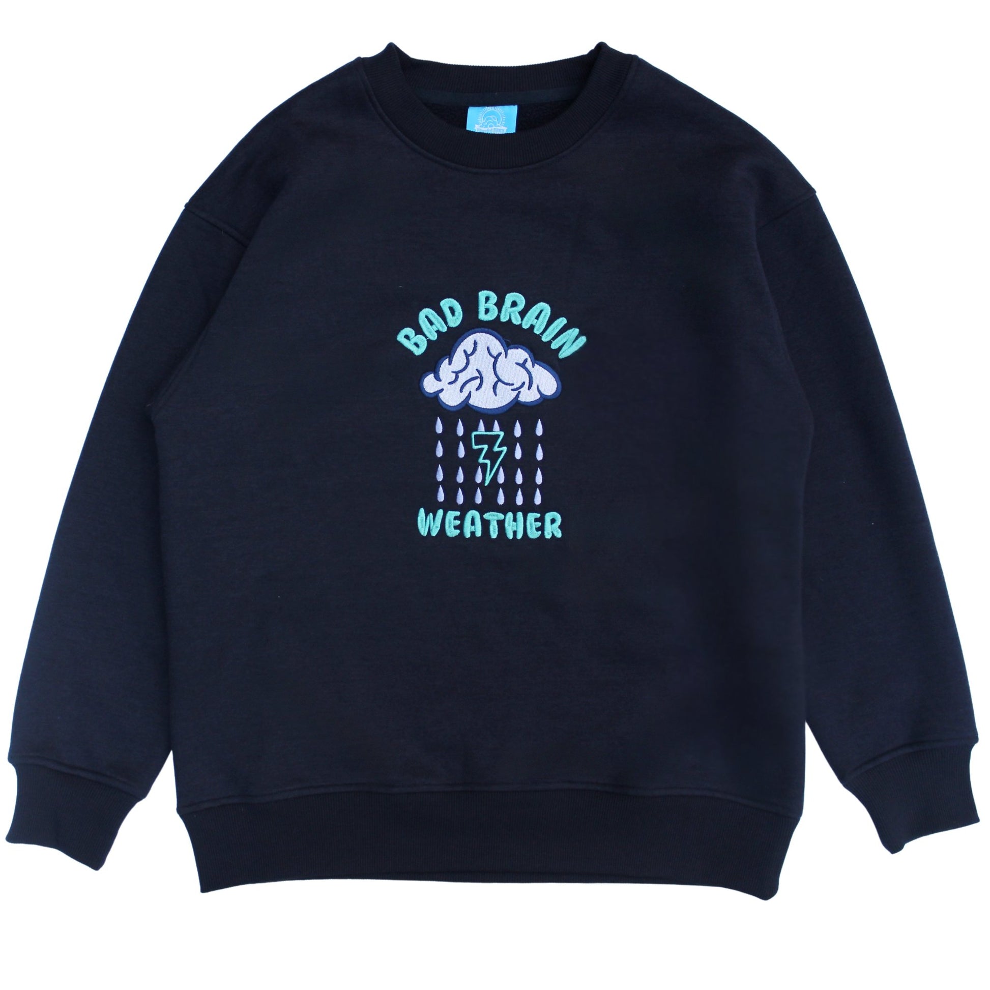 Navy blue sweatshirt with 'Bad Brain Weather' graphic on a white background
